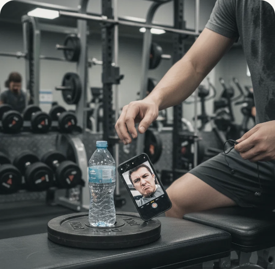 Phone balanced precariously in a gym